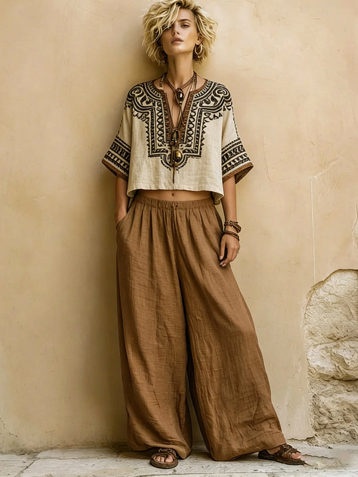 Linen Women's Boho Embroidered V-Neck Crop Top and Wide Leg Trousers Set