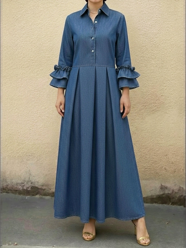 Women's Denim Pleated Ruffle Long Sleeve Maxi Dress – Golden Sands Boutique