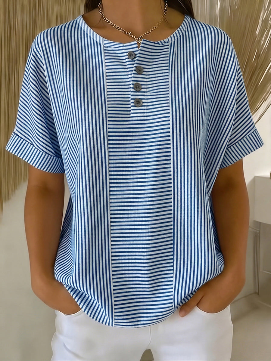 Women's Linen Short Sleeve Henley Shirt Top
