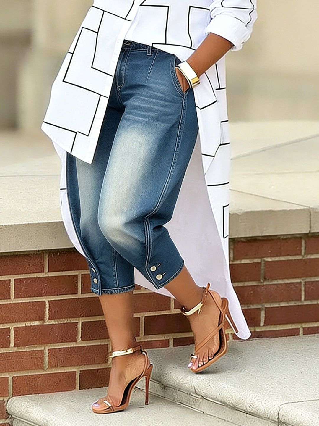 Women's Denim Capri Jeans High-Low Button Hem Trousers
