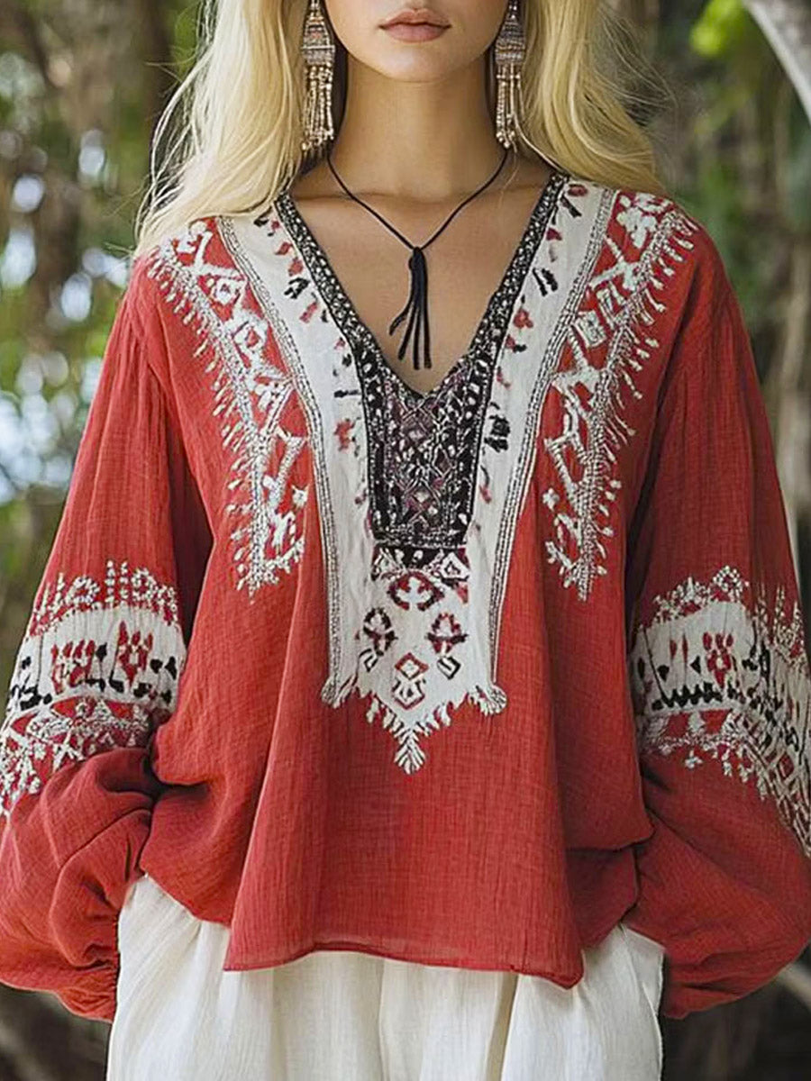 Women's Ethnic Print Long Sleeve V-Neck Linen Blouse