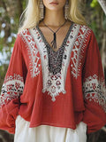 Women's Ethnic Print Long Sleeve V-Neck Linen Blouse