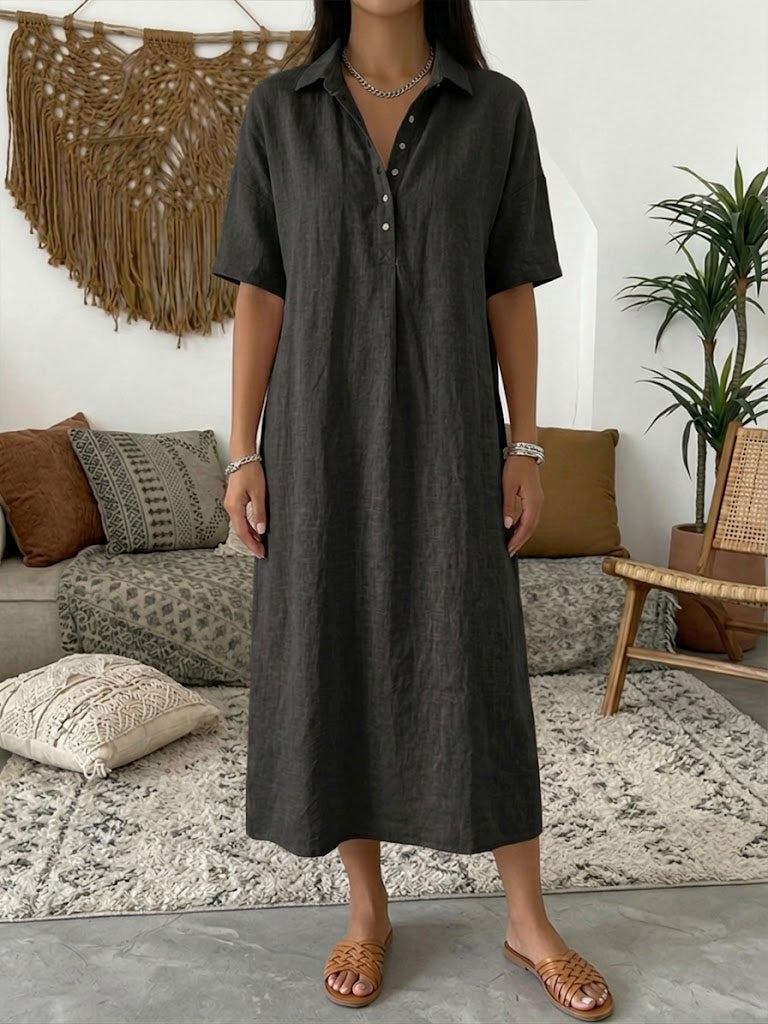 Women's Linen Collared Button Maxi Shirt Dress