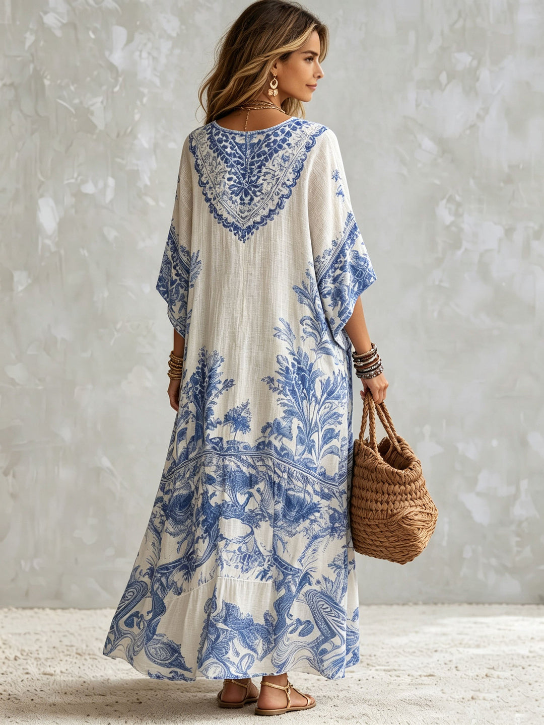 Women's Printed Linen Boho Long Kaftan Maxi Dress