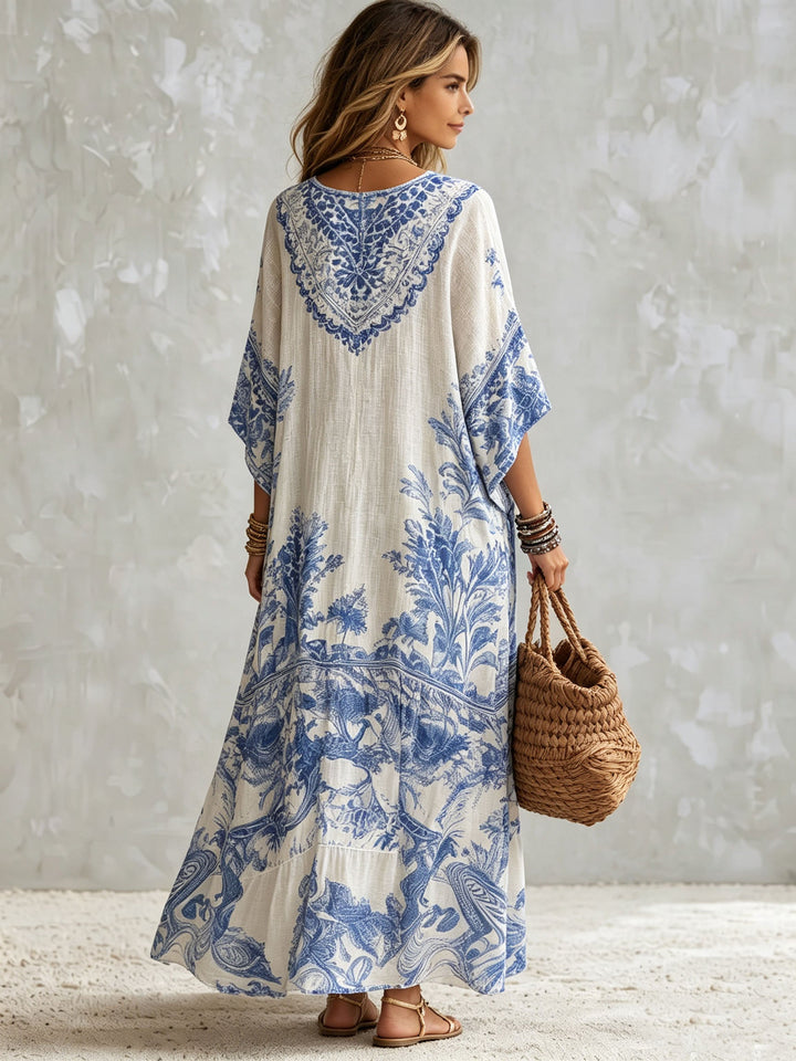 Women's Printed Linen Boho Long Kaftan Maxi Dress