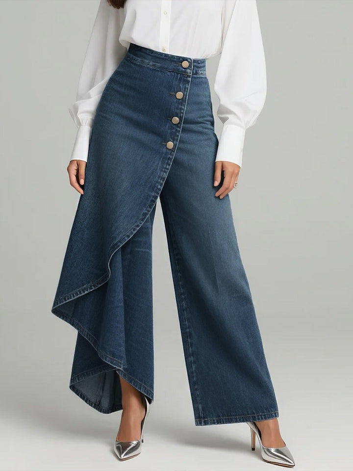Women's Denim Wide Leg Ruffle Skirt Overlay Jeans High Waisted Trousers