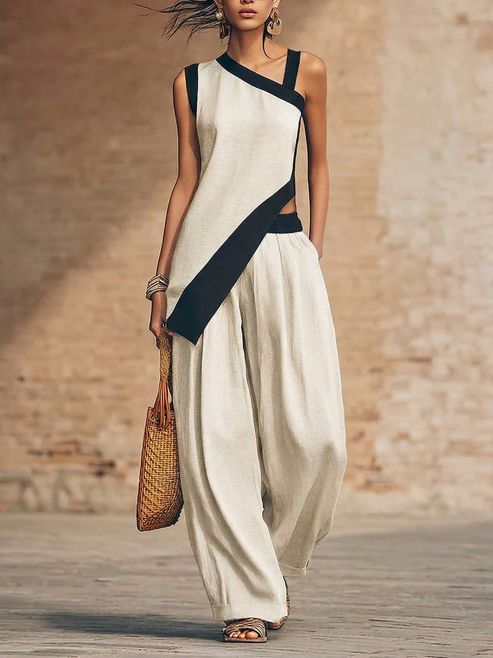 Women's Linen Asymmetric Tunic and Wide Leg Trousers Two Piece Set