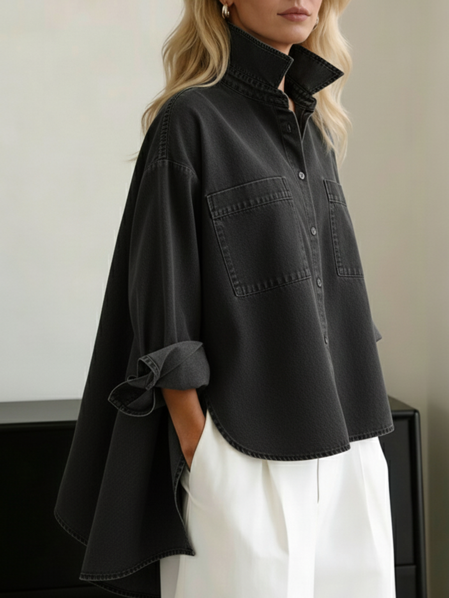 Women's Denim Shirt High Low Loose Blouse Top