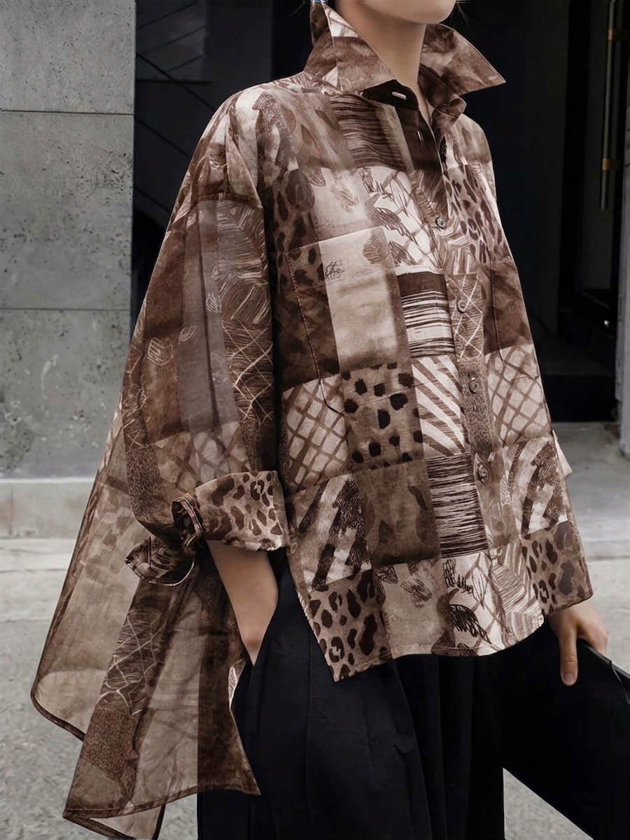 Women's Linen Blouse Sheer Patchwork Button Up Oversized High Low Shirt
