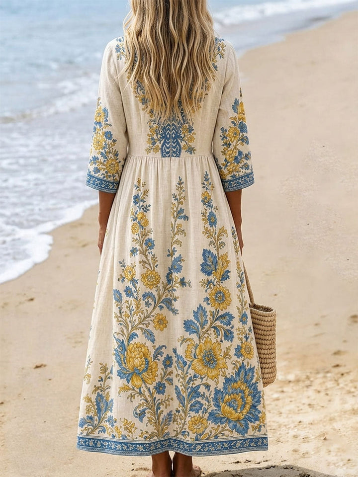 Women's Boho Linen V-Neck Maxi Dress 3/4 Sleeves