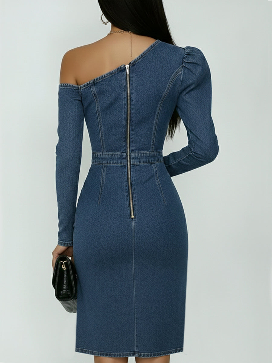 Women Denim One Shoulder Bodycon Midi Dress