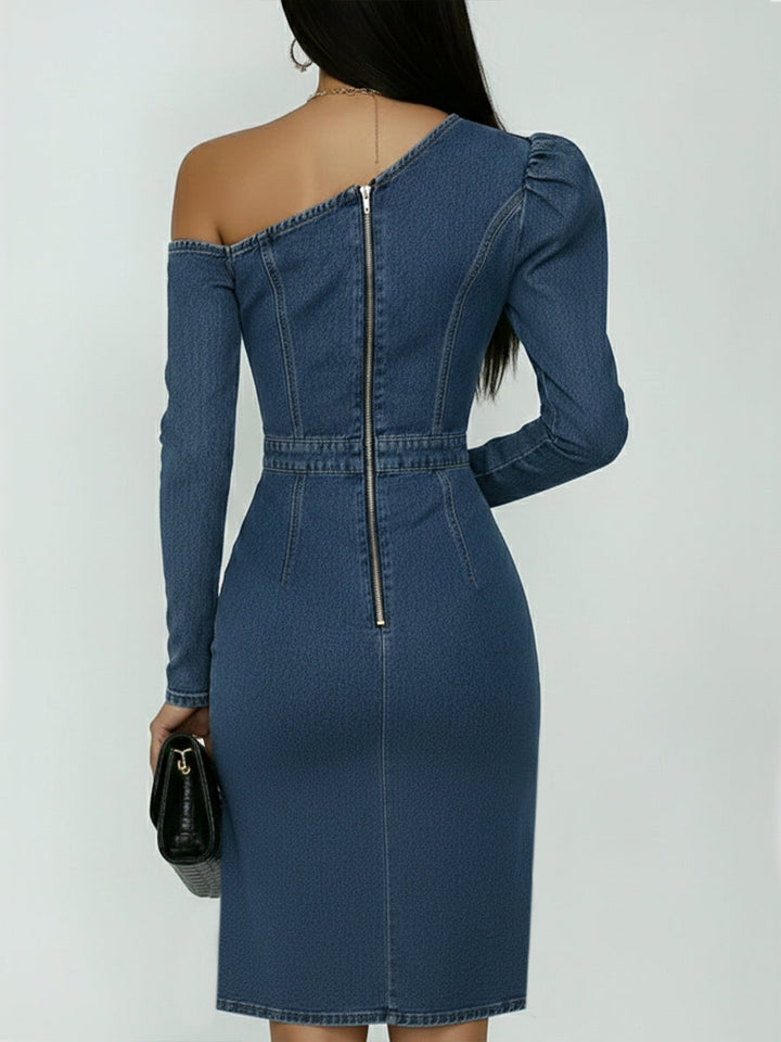 Women Denim One Shoulder Bodycon Midi Dress