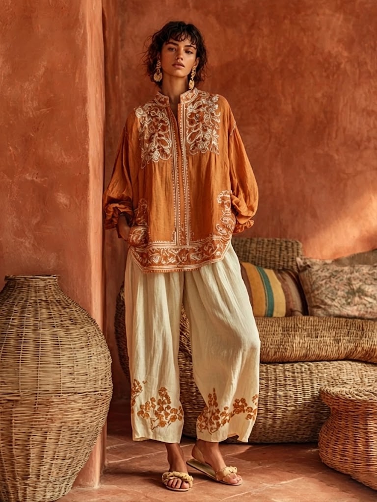 Women's Floral Print Wide Leg Linen Two-Piece Set