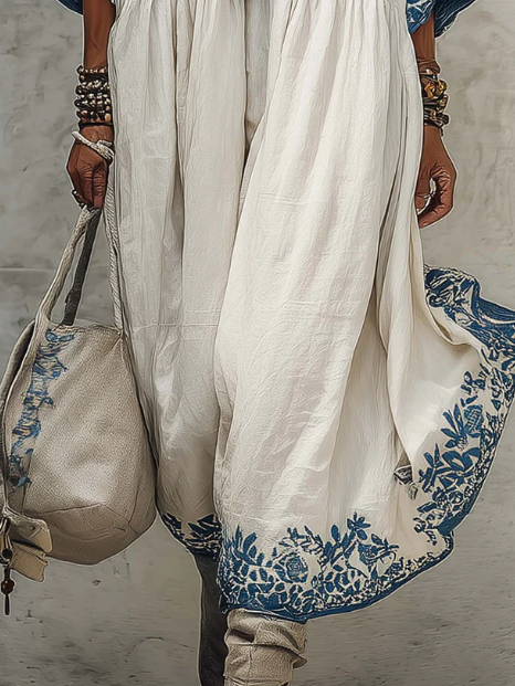 Women's Floral Linen-Blend V-Neck Boho Maxi Dress