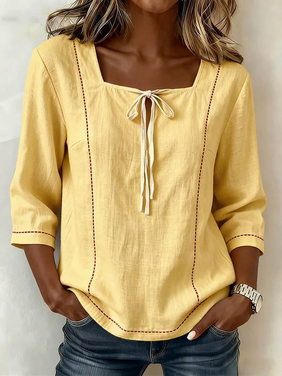 Women's Linen Blend Square Neck 3/4-Sleeve Blouse