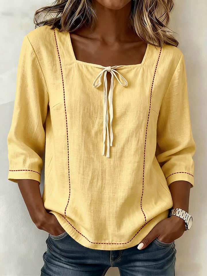 Women's Linen Blend Square Neck 3/4-Sleeve Blouse