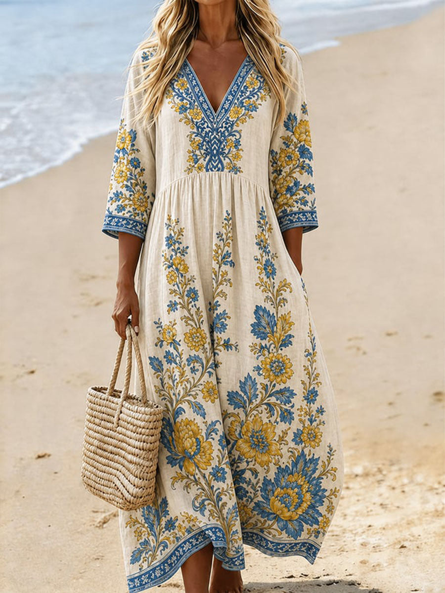 Women's Boho Linen V-Neck Maxi Dress 3/4 Sleeves