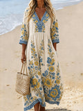 Women's Boho Linen V-Neck Maxi Dress 3/4 Sleeves