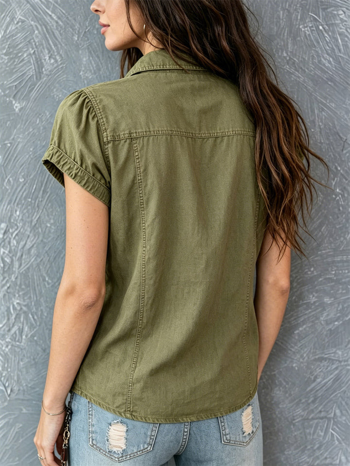 Women's Short Sleeve V-Neck Zip Front Denim Shirt