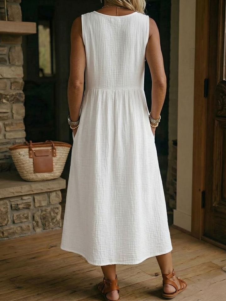 Women's Linen Sleeveless V-Neck Midi A-Line Sun Dress