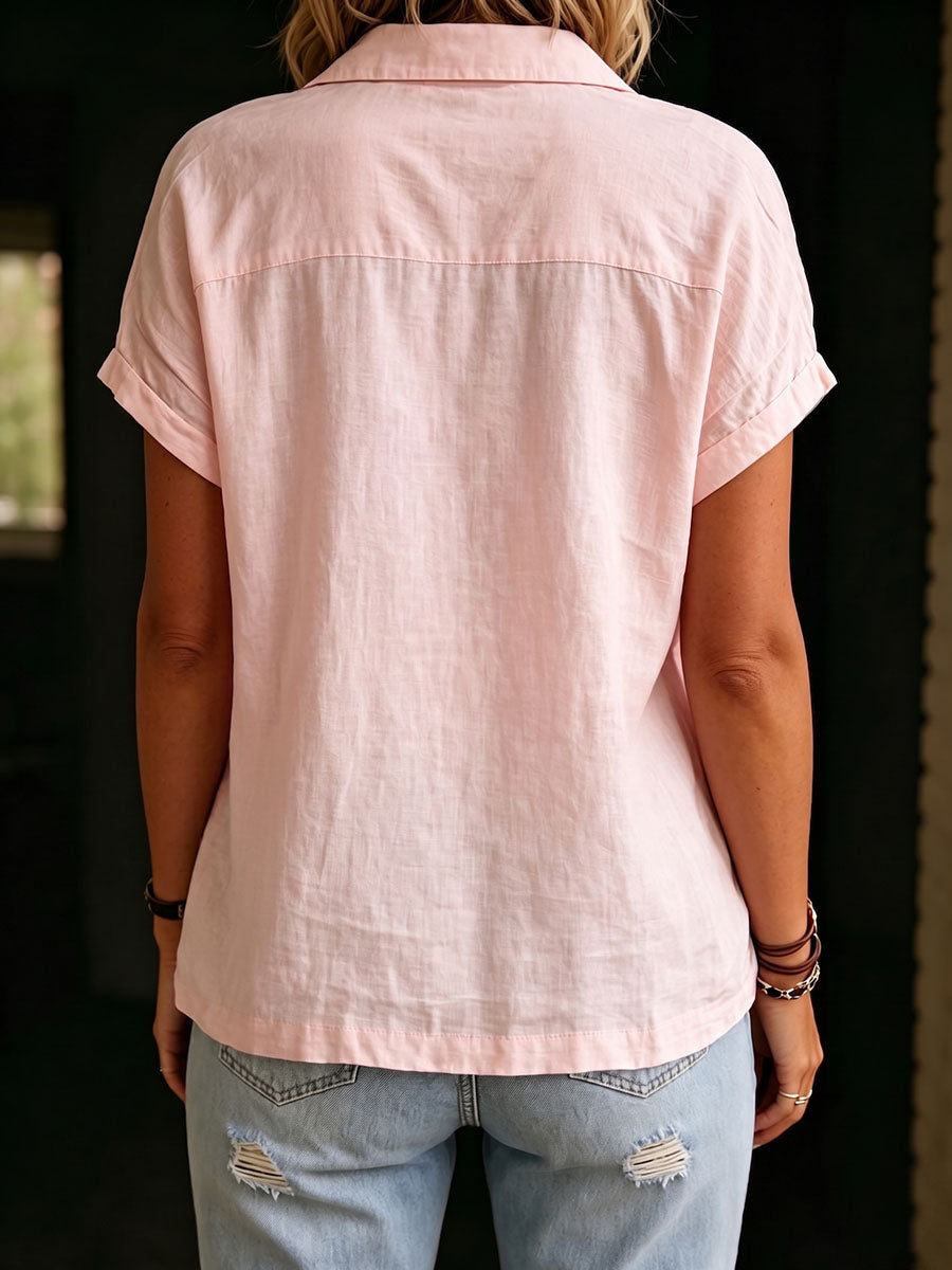 Women's Short Sleeve Linen Shirt Loose Casual Collared Blouse