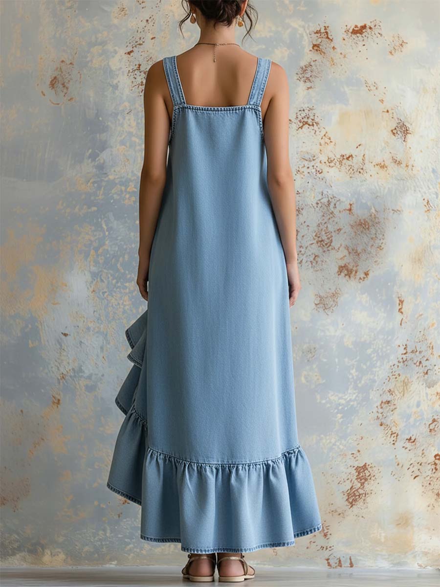 Women's Sleeveless Square-Neck Denim Maxi Dress