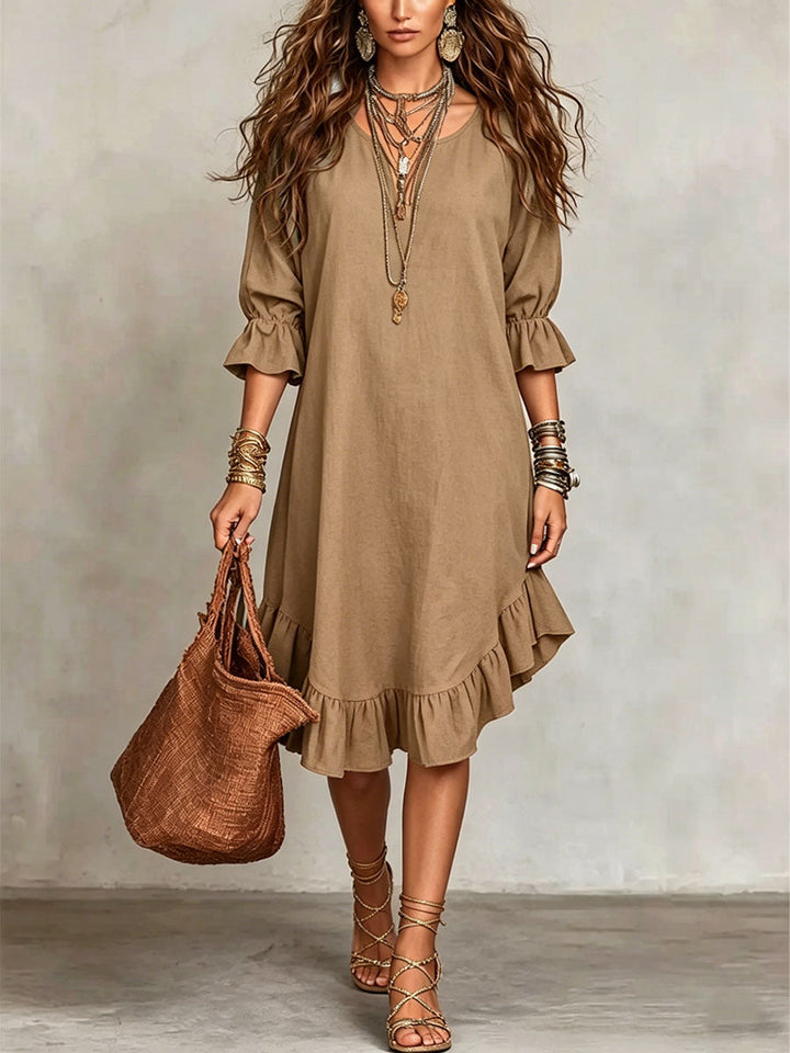 Women's Linen Ruffle Hem V-Neck Tunic Dress
