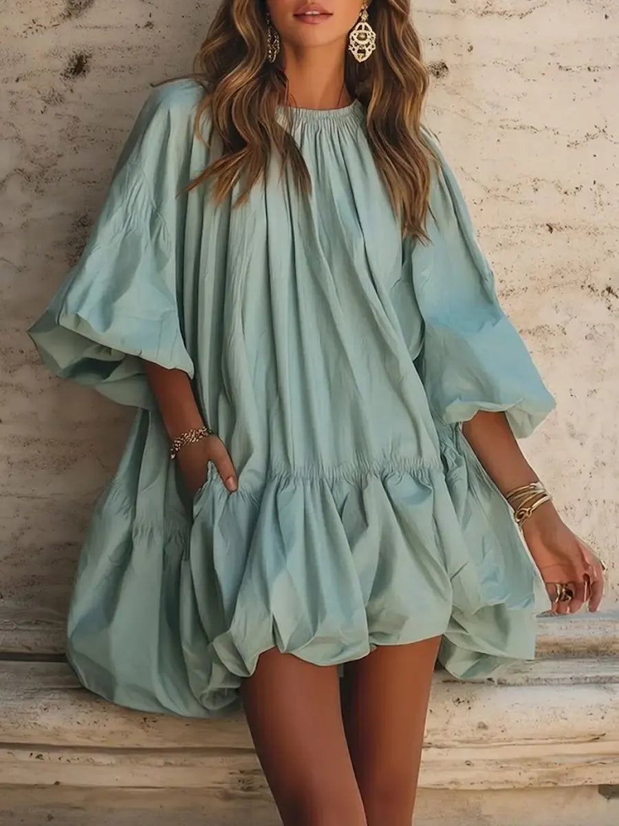 Women's Linen Blend Lantern Sleeve Mini Smock Dress