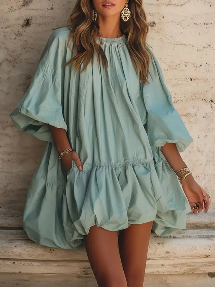 Women's Linen Blend Lantern Sleeve Mini Smock Dress