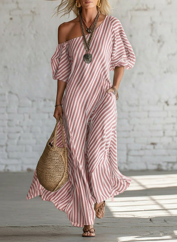 Women's Linen Off the Shoulder Maxi Dress Striped Oversized Sun Dress