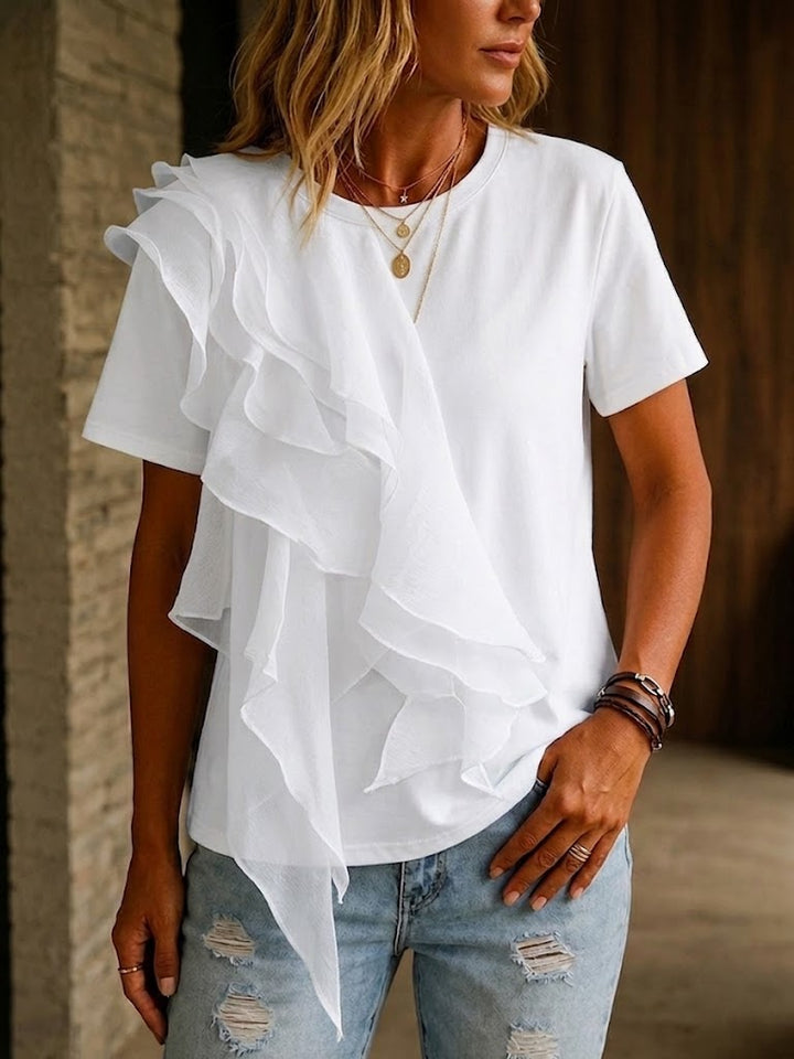 Women's Knit Round-Neck Short Sleeve Ruffle Blouse