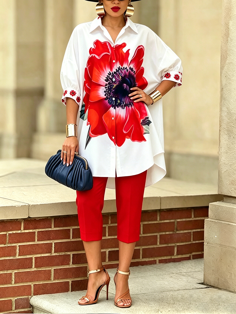 Women's Floral Print Oversized Linen Mix Shirt and Cropped Trousers Set
