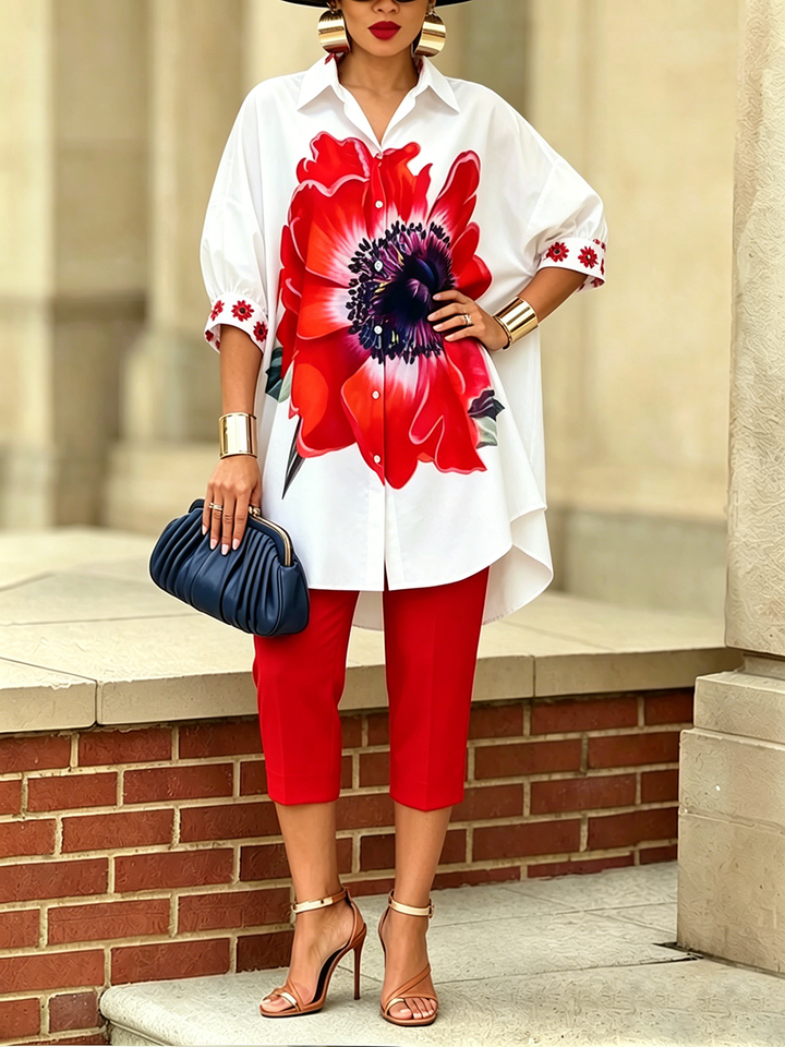 Women's Floral Print Oversized Linen Mix Shirt and Cropped Trousers Set