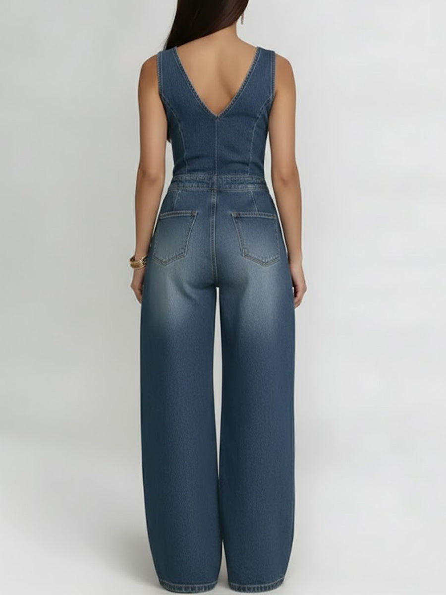 Women's Denim Wide Leg Jumpsuit Sleeveless V-Neck One Piece Bodysuit