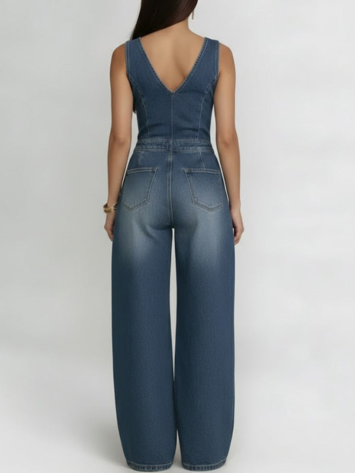 Women's Denim Wide Leg Jumpsuit Sleeveless V-Neck One Piece Bodysuit