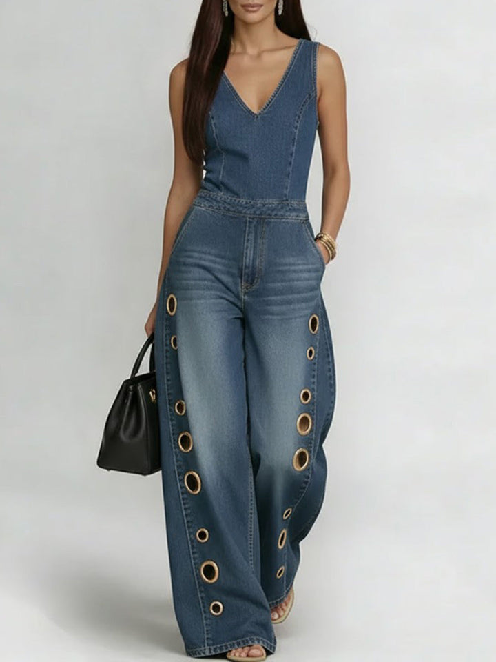 Women's Denim Wide Leg Jumpsuit Sleeveless V-Neck One Piece Bodysuit