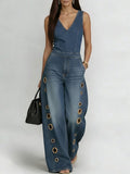 Women's Denim Wide Leg Jumpsuit Sleeveless V-Neck One Piece Bodysuit
