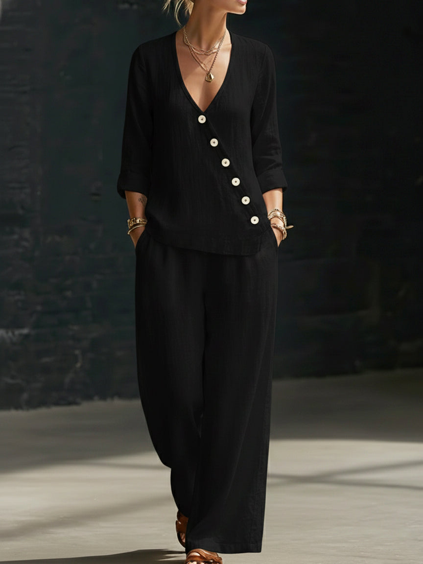 Women's Linen Two Piece Set V-Neck Trousers Co-ord Wide Leg Pantsuit