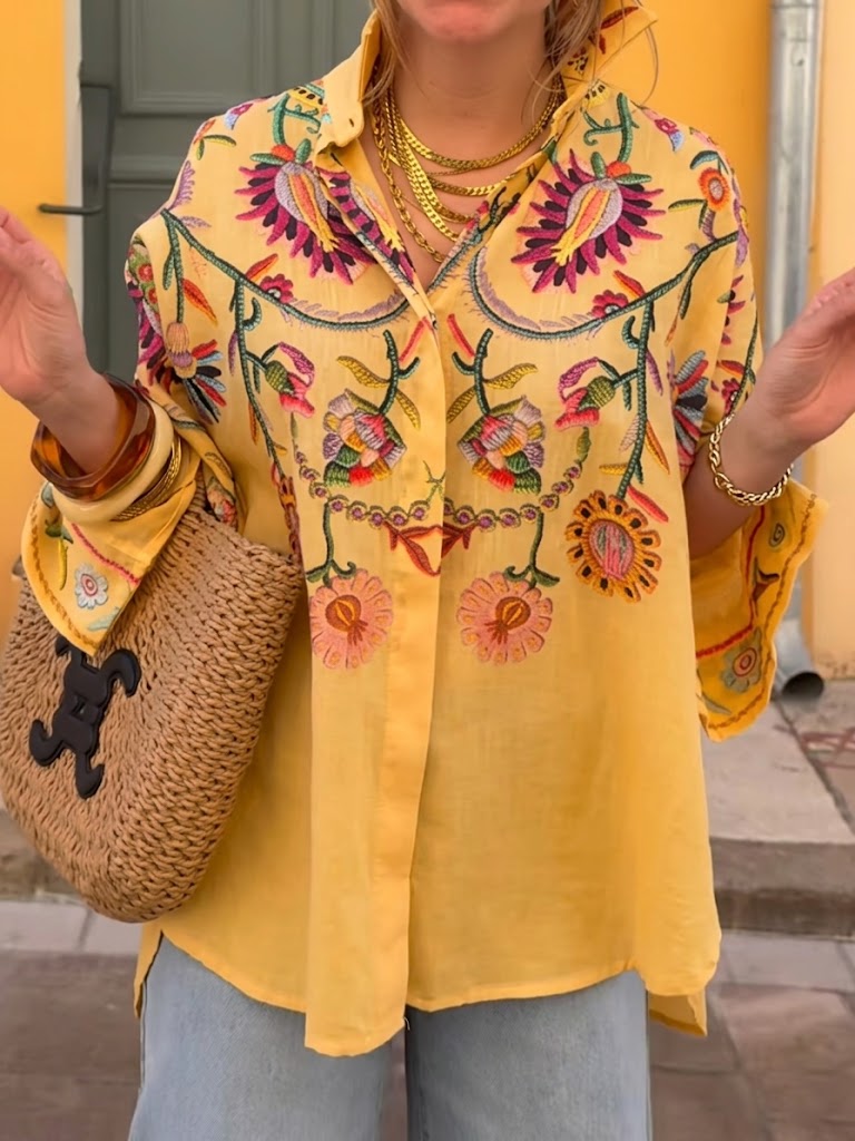 Women's Embroidered Linen Shirt Long Sleeve Button Down Blouse