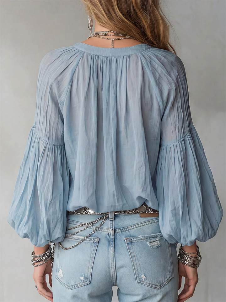 Women's Loose Fit Retro Linen Lantern Sleeve Blouse