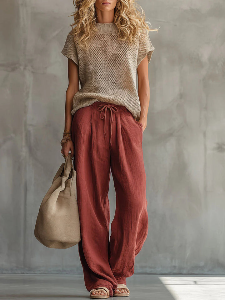 Women's Relaxed Knit Top and Wide Leg Linen Pants Set