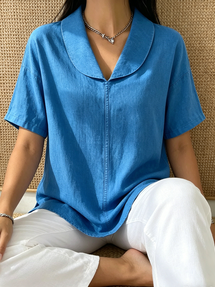 Women's Linen Blouse Short Sleeve V Neck Tunic Top