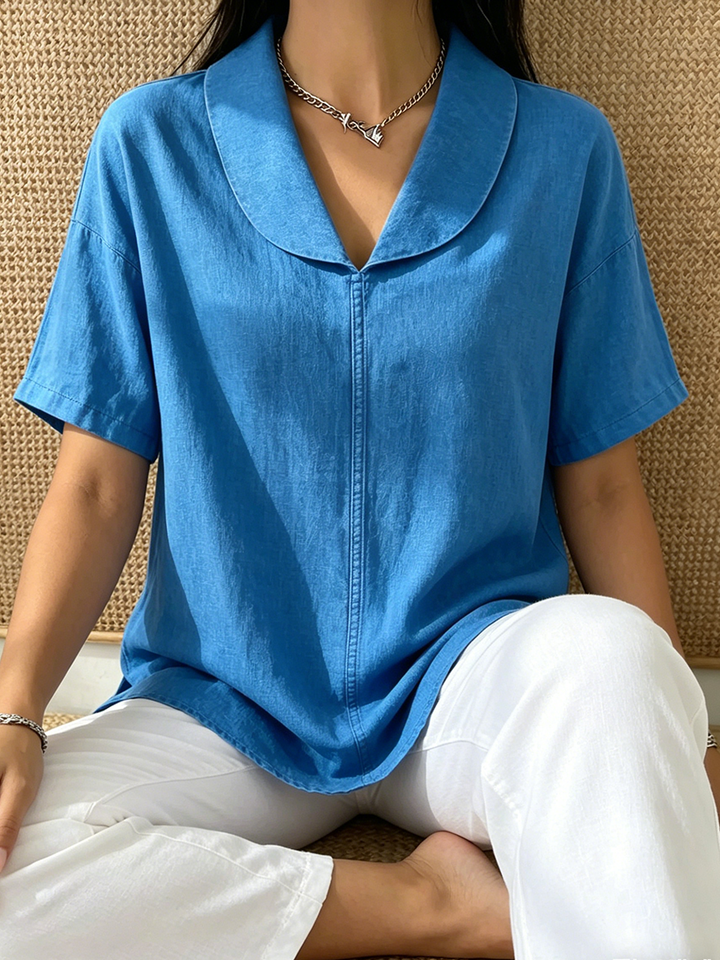 Women's Linen Blouse Short Sleeve V Neck Tunic Top
