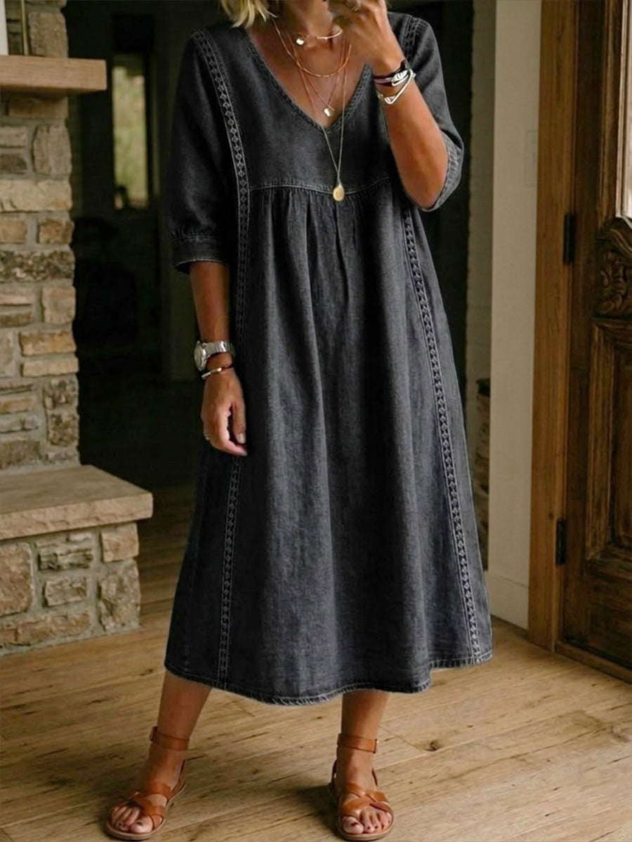 Women's Linen V-Neck Casual Loose Fit Midi Dress