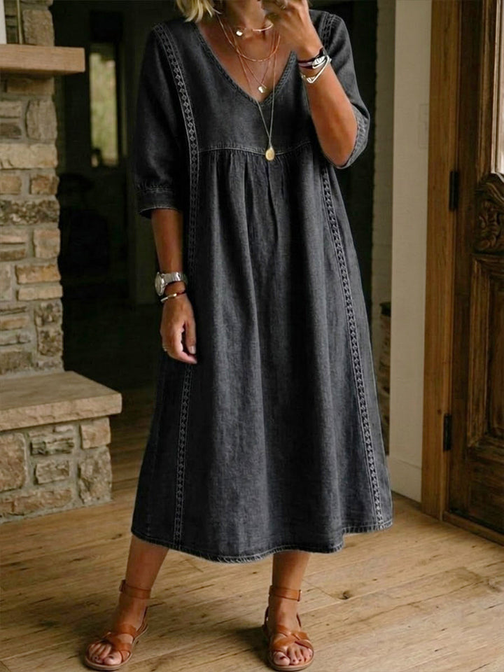 Women's Linen V-Neck Casual Loose Fit Midi Dress