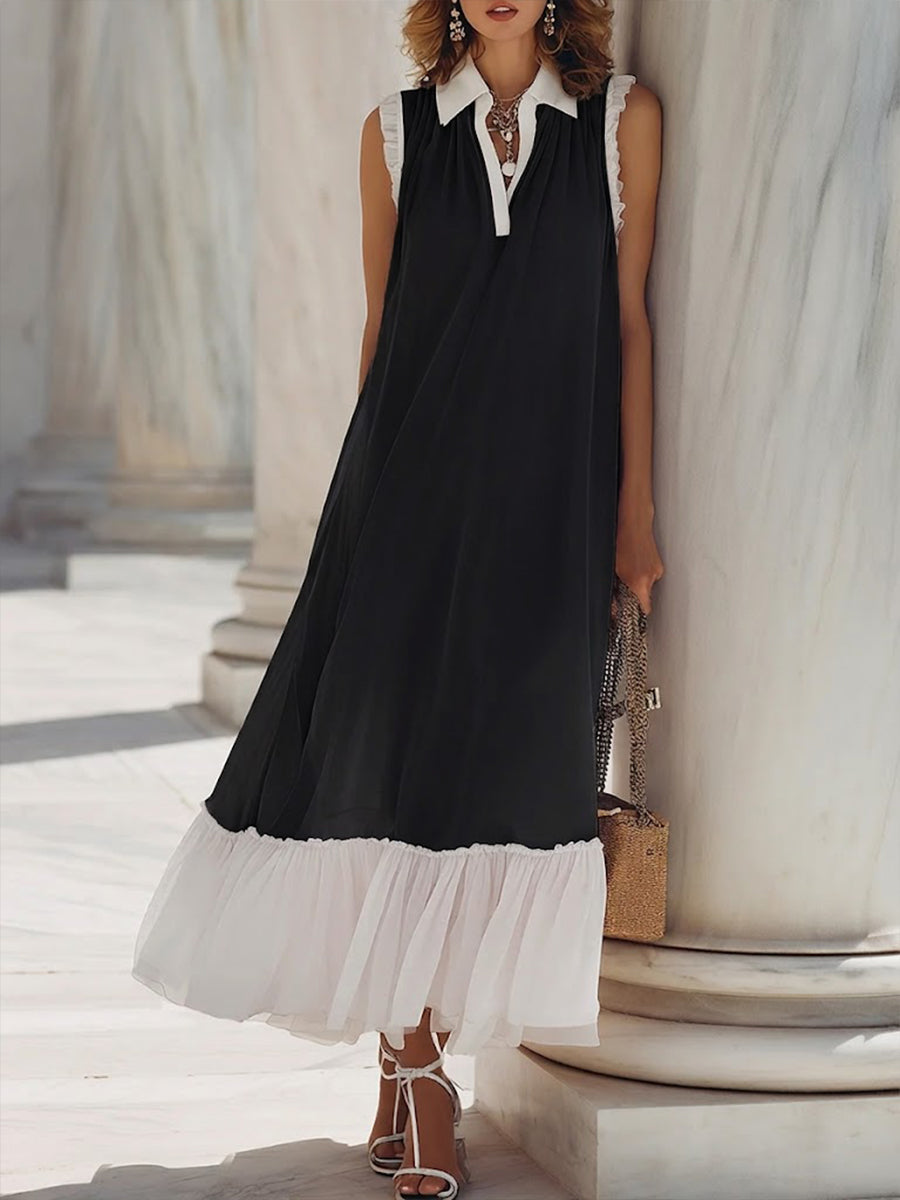 Women's Linen Blend Sleeveless V-Neck Pleated Hem Maxi Dress