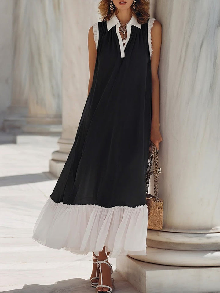 Women's Linen Blend Sleeveless V-Neck Pleated Hem Maxi Dress