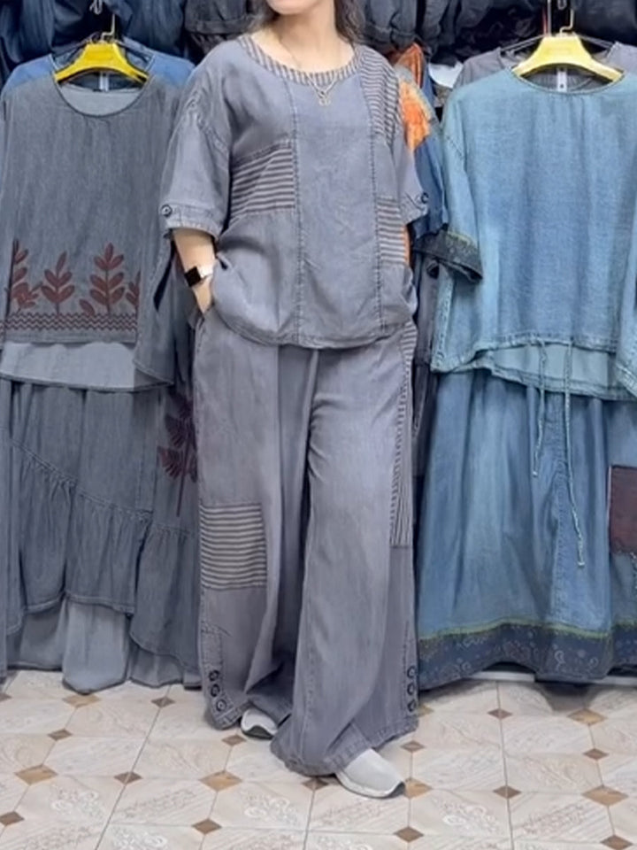 Women's Linen Two Piece Set Wide Leg Trousers and Short Sleeve Top