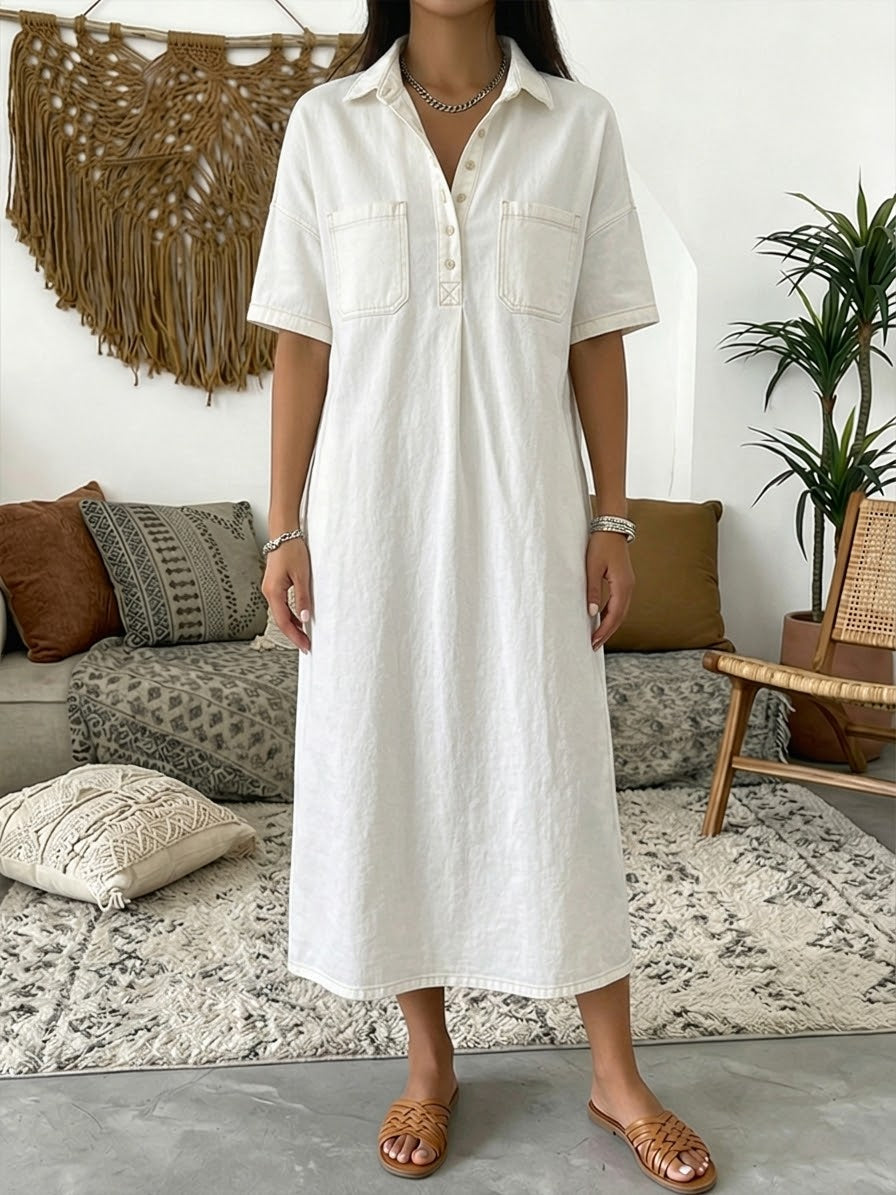Women’s Denim Midi Shirt Dress Linen Mix Short Sleeve Casual Tunic