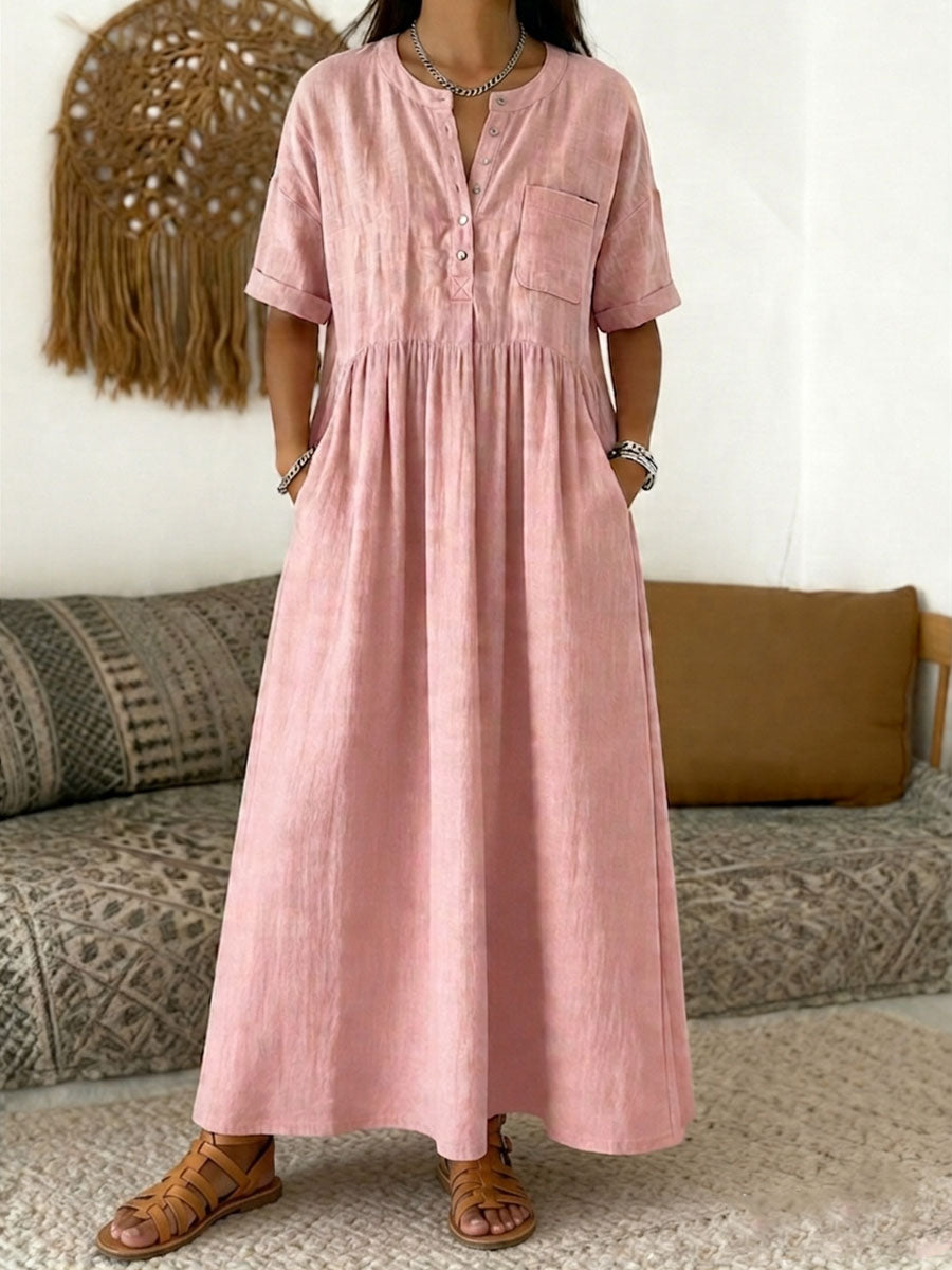 Women's Linen Maxi Dress V-Neck Short Sleeve Loose Fit Kaftan